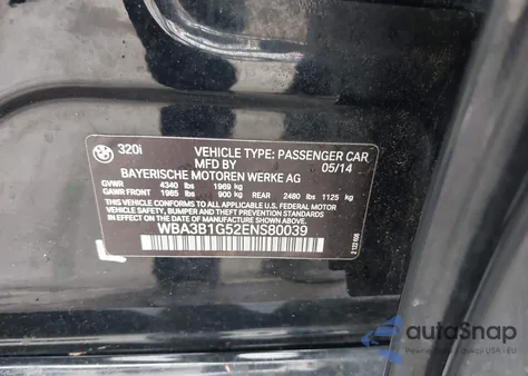 2014 BMW 320I z USA, uszkodzony, nr VIN WBA3B1G52ENS80039